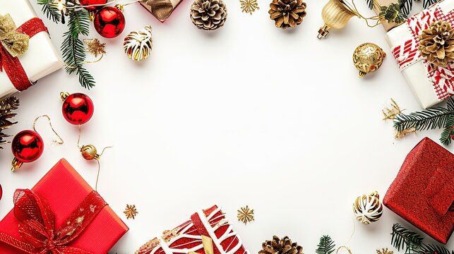 Elegant Christmas and New Year Holiday Background with Festive Ornaments, Red Gift Boxes, Pine Cones, and Fir Branches Arranged as a Frame on White Surface with Copy Space for Greeting Text.