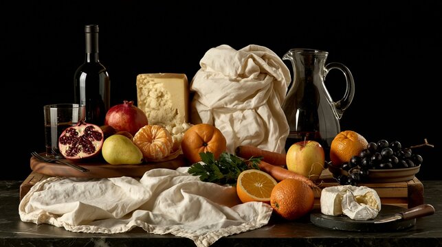 a variety of fruits and cheeses arranged on a wooden surface. The main subject is a wooden tray holding a pomegranate, a pear, a pumpkin, an orange, a carrot, and a bunch of grapes.