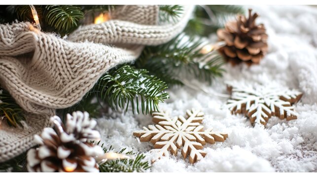 Cozy Christmas Holiday Decoration Featuring Wooden Snowflakes, Pine Tree Branches, Cones, and Warm Glowing Fairy Lights Arranged on a Soft White Knitted Fur Blanket with Artificial Snow Background