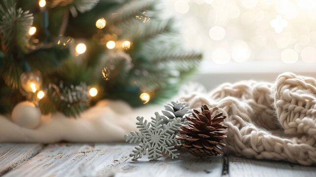 Cozy Christmas Still Life with a Glittery Snowflake, Natural Pine Cones, and a Soft Knitted Blanket on a Rustic Wood Table Against a Blurred Evergreen Tree with Warm Glowing Garland Lights