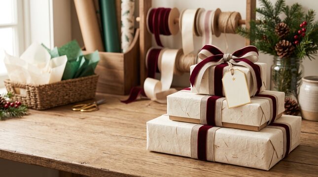 Stack of beautifully wrapped christmas gifts with velvet ribbon and gift tag on a rustic wooden table with copy space