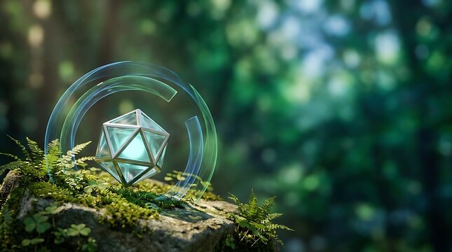 Futuristic glowing magic crystal AI energy core on mossy forest stone