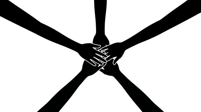 Black and white vector graphic illustration depicting diverse hands stacking together in unity