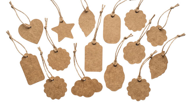 A collection of various rustic cardboard gift tags with strings of different shapes and sizes presented as an isolated object on transparent background isolated on transparent background