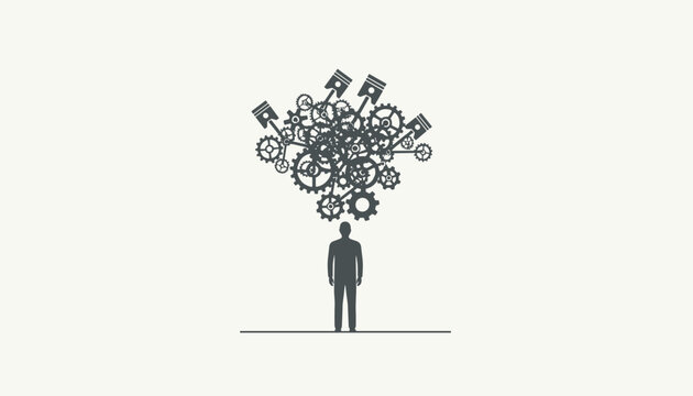 Human silhouette with a complex explosion of gears and cogs above his head representing analytical thinking.