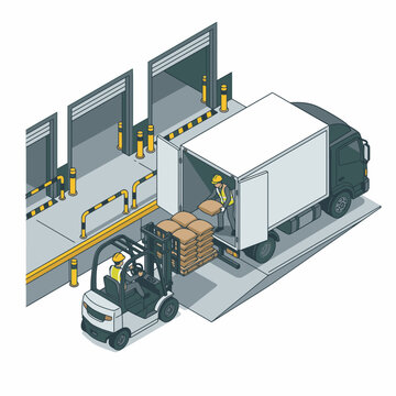 Creative Isometric of Warehouse Worker Loading Boxes into Delivery Truck with Forklift Assistance