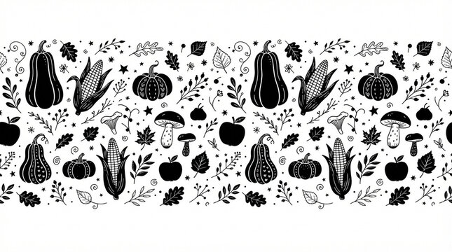 Hand drawn autumn harvest pattern with pumpkins corn and leaves on white background