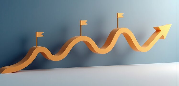 Orange wavy 3d path carries three blank flags on its crests as it rises to a big arrow against blue grey. Concept of product roadmap templates and startup pitch deck artwork.