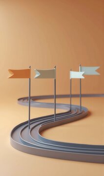 Grey multi lane winding track passes four blank pennant flags in orange, beige and pale blue against warm orange. Concept of startup pitch deck artwork and agile coaching materials.