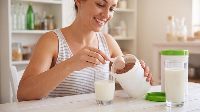 A smiling woman preparing a protein shake in her kitchen, scooping powder into a glass of milk.