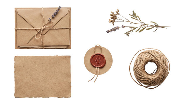 Vintage stationery set featuring craft paper envelopes wax seal and decorative twine elements presented as an isolated object on a transparent background for design isolated on transparent background