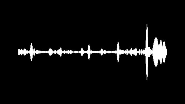Realistic audio spectrum visualizer, white audio frequency pulse visualization, seamless digital waveform equalizer overlay, music player interface and voice recording on black background. 4k video