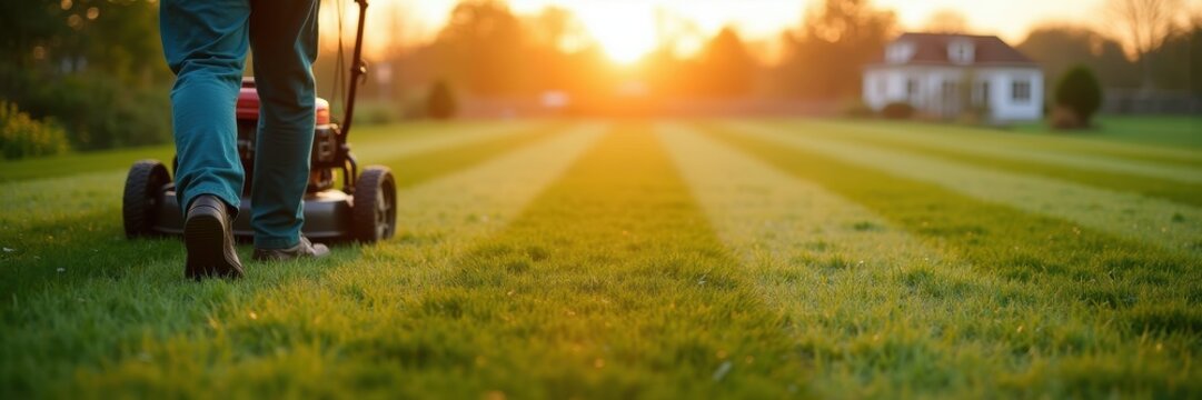 Worker pushes a red lawn mower along fresh light and dark mowing stripes at sunset in front of a white house. Concept of lawn care service flyers and grounds maintenance recruitment.
