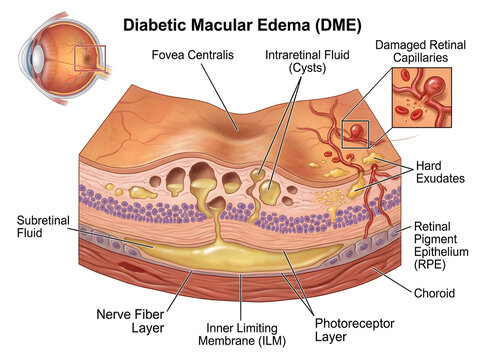 Diabetic macular edema cross-section medical illustration isolated on white background