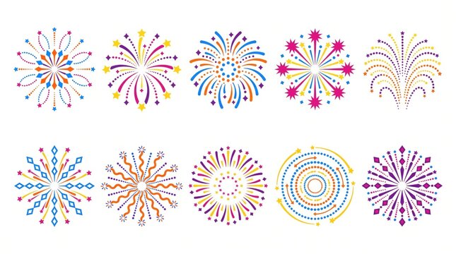 Collection of ten diverse artistic firework patterns on a clean white background with fireworks patterns celebration colorful pyrotechnics abstract explosion new year illustration