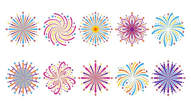 Set of ten colorful firework bursts isolated on a white background with fireworks celebration colorful pyrotechnics abstract explosion new year decoration illustration elements