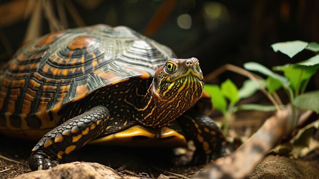Detailed close-up portrait of an endangered Coahuilan Box Turtle (Terrapene coahuila) in its natural forest habitat, showcasing its intricate shell patterns and textured skin against bokeh foliage.