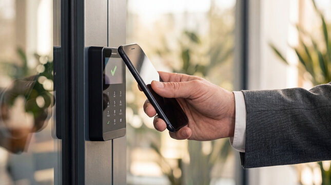 Businessman using smartphone to unlock electronic door security system