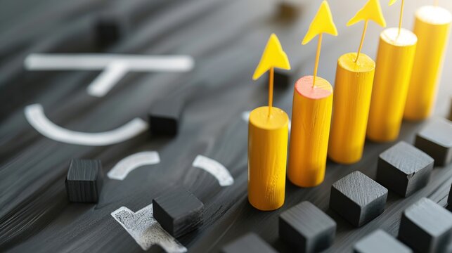 Strategic Business Marketing Concept Representing Competitive Advantage and Growth with Yellow Bar Chart Pillars and Upward Arrows on a Dark Textured Surface with Planning Markings