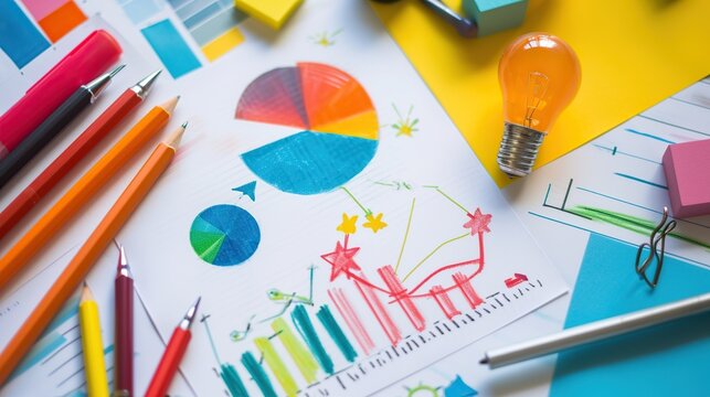 Creative Strategic Marketing and Competitive Advantage Concept Featuring Colorful Hand Drawn Business Charts, Pie Graphs, Lightbulb for Ideas, and Stationery on Workspace Desk for Analysis