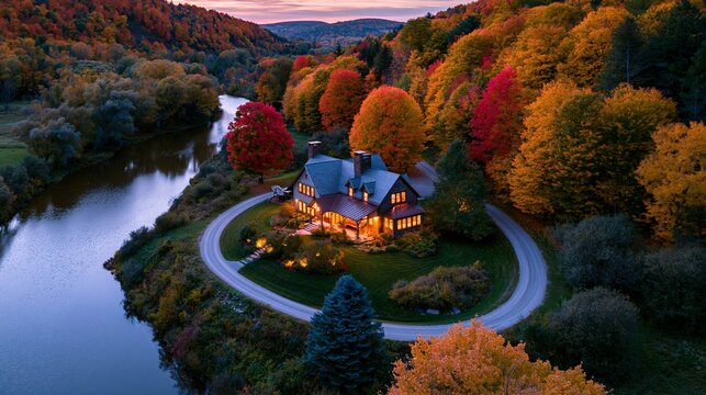 a serene autumn landscape. A house with a dark roof and chimney is the central subject, surrounded by a winding driveway. The house is lit with warm, inviting lights, creating a cozy ambiance.