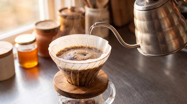 Pouring hot water over coffee grounds into a glass dripper on a wooden stand