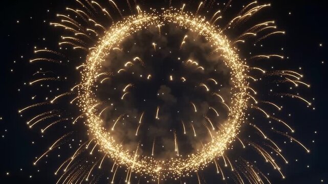 Golden Fireworks Explosion in Night Sky, Cinematic Slow Motion Pyrotechnic Display for Celebration