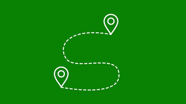 White location pin with dotted line route travel map animation on chroma key green screen 4K