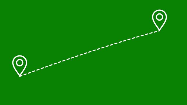 Straight line route map animation with location pin on chroma key green screen 4K