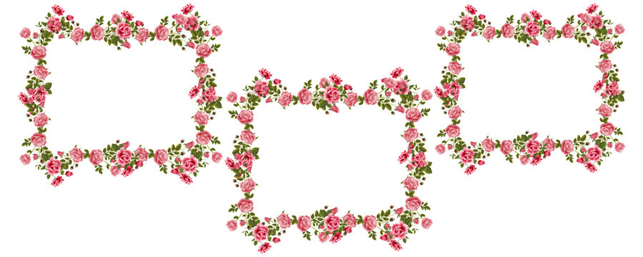 Vintage pink rose floral frames set, romantic flower border collection, decorative botanical photo frame templates for wedding invitations