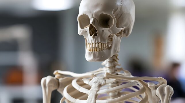 Close up of human skeleton showing skull  jaw  and upper torso with ribcage and shoulder bones in clinical setting