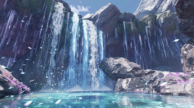 Surreal digital art illustration of a majestic waterfall made of liquid crystals and glowing shards cascading into a clear blue pond among rocky cliffs in a fantasy landscape