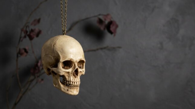 Halloween Human skull pendant on a chain with dried flowers