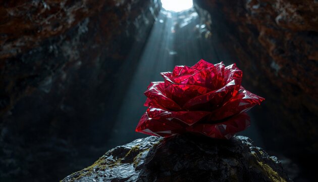A magnificent blooming rose carved from faceted deep red rubies on a mossy rock. Dramatic sunlight hits the gem flower, creating intense sparkles. Luxury gemstone art in a dark cave