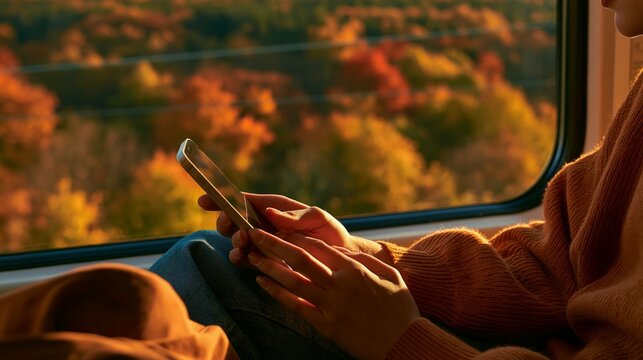 a person seated on a train, intently focused on their smartphone. The person wears a textured orange sweater and blue jeans. The setting sun casts a warm, golden light on the scene.
