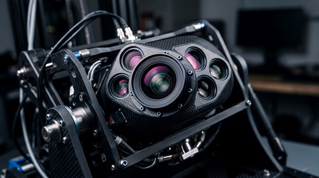 Advanced multi-lens camera system mounted on a complex carbon fiber structure for scientific imaging.