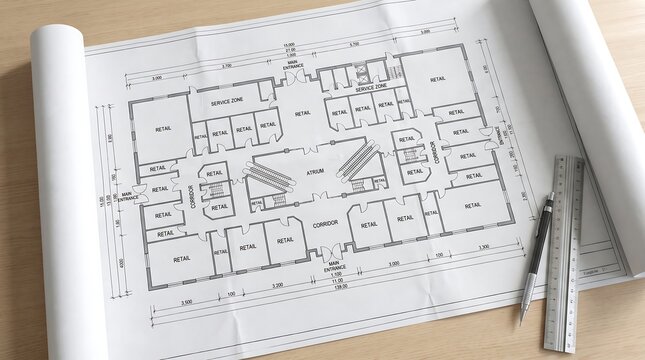 Architectural blueprint unrolled on a wooden desk with drafting tools symbolizing planning and construction