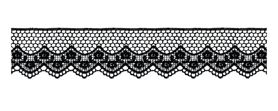 Vintage black lace border trim, ornate floral lace ribbon pattern isolated on white background, decorative fabric ribbon for fashion design