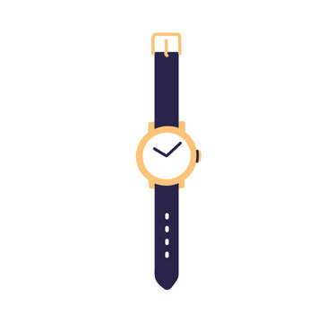 Classic wristwatch with analog clock face, traditional timepiece with numbered dial and leather strap, elegant retro accessory for everyday wear, vintage inspired watch flat vector illustration.