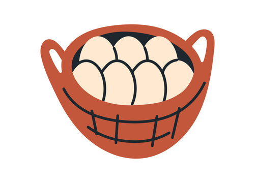 Fresh farm eggs in rustic basket, natural poultry food from free range chickens, organic countryside produce, wholesome protein rich food and local farm harvest flat vector illustration.