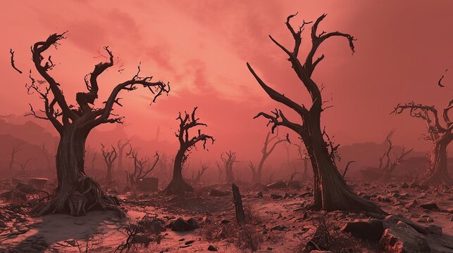 Post-apocalyptic cursed wasteland with twisted petrified trees under a crimson sky of desolation, representing a barren dystopia and environmental collapse in a fantasy or alien world.