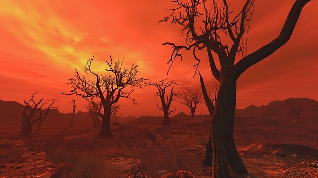 Dramatic post-apocalyptic landscape featuring twisted petrified trees in a cursed wasteland under a dark red burning sky, endless desolation and eerie atmosphere of a dying world or alien planet.