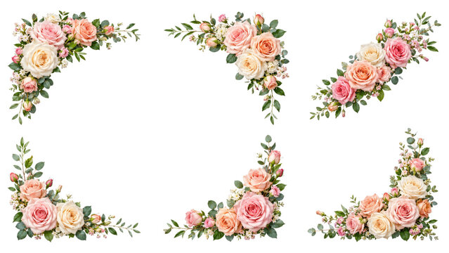 Set of watercolor rose corner frames and floral borders in pink, peach and cream with green foliage