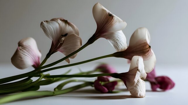 Delicate white and pink flowers with green stems arranged on a plain white surface in soft natural light