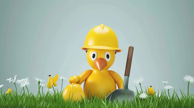 3D Illustration of a Cute Yellow Chick Manual Worker Wearing a Construction Safety Helmet and Holding a Spade Shovel in a Green Meadow with Flowers for Gardening and Labor Concept