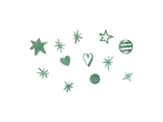 Hand drawn christmas decorations with snowflakes, heart and stars. Watercolour painted green christmas decor for postcard, element design, label, sticker, invitation, gift card, textile design. © daria