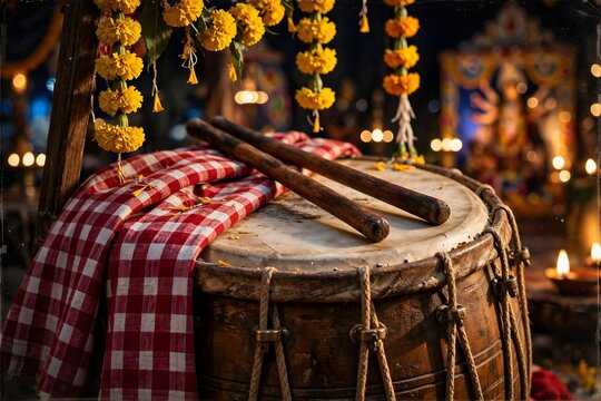 Traditional Bengali Dhak Drum With Gamcha And Marigold Garland At Pujo Pandal