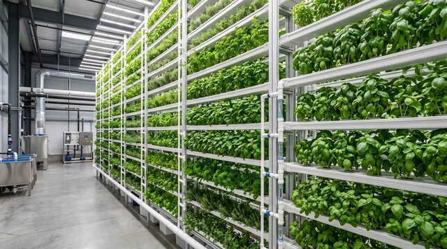 Rows of vibrant green basil plants are meticulously arranged on tiered shelving in a large-scale indoor vertical farm.
