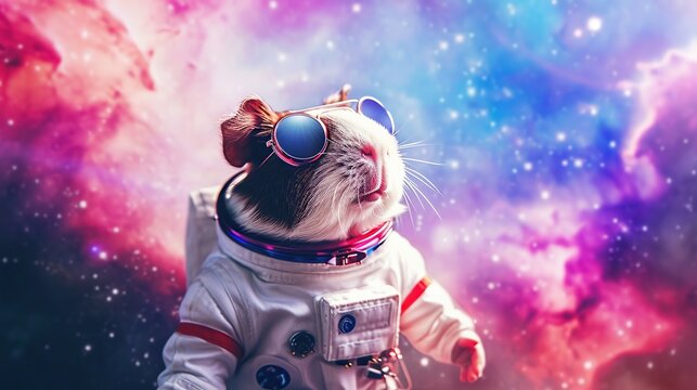 Adorable Guinea Pig Dressed in a Detailed White Astronaut Spacesuit and Stylish Blue Sunglasses Floating Amidst a Vibrant Colorful Nebula Galaxy and Twinkling Stars in Deep Outer Space