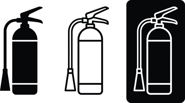 Set of three fire extinguisher vector icons in solid and outline style for safety signage